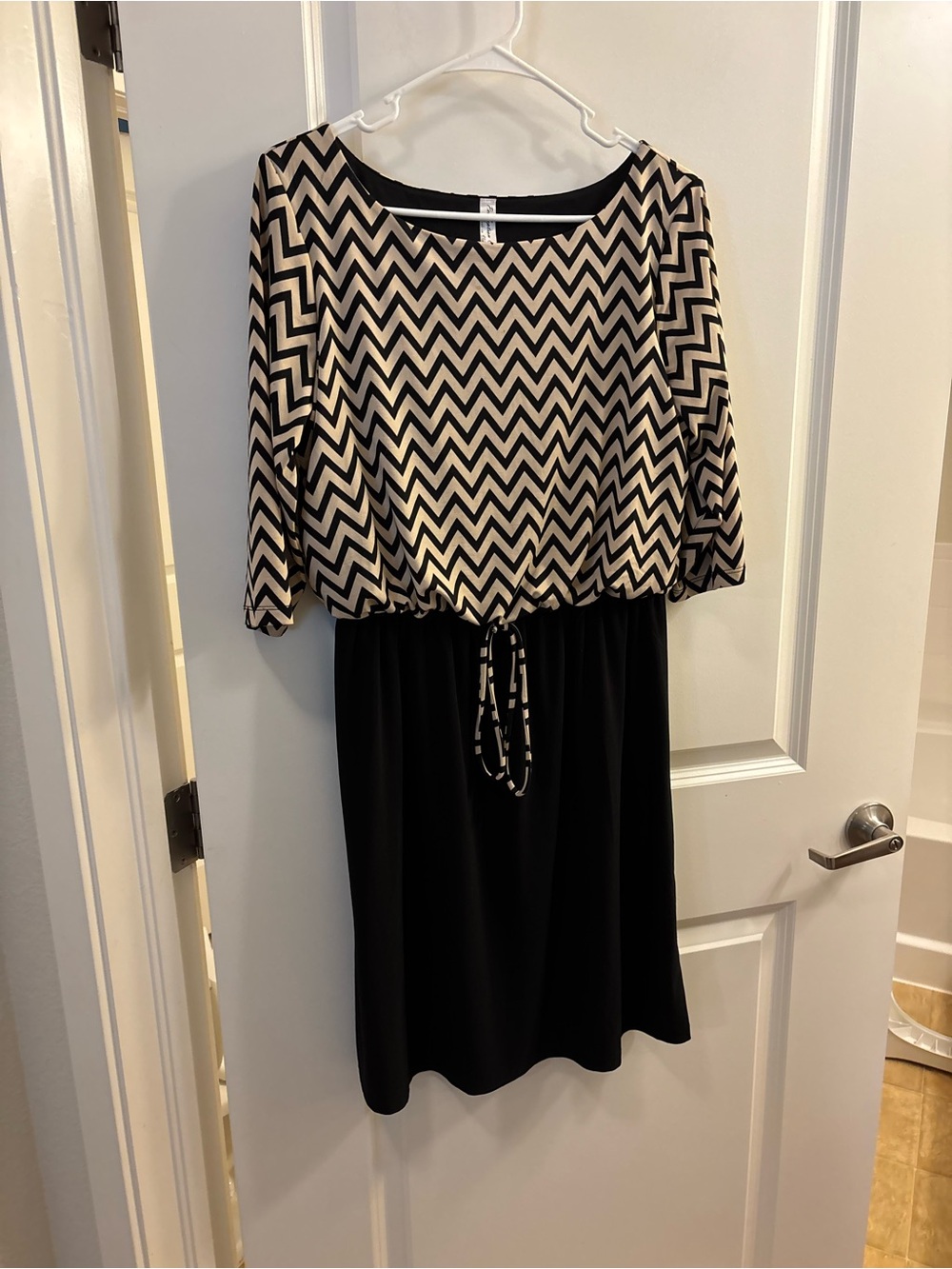 PerSeption Concept Black and Cream Chevron Midi Dress with Drawstring Waist